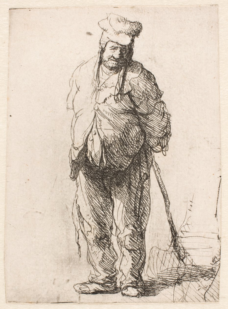 Rongyos parasz, kezeit a háta mögött tartva, egy botot szorongatva alkotó: Rembrandt van Rijn