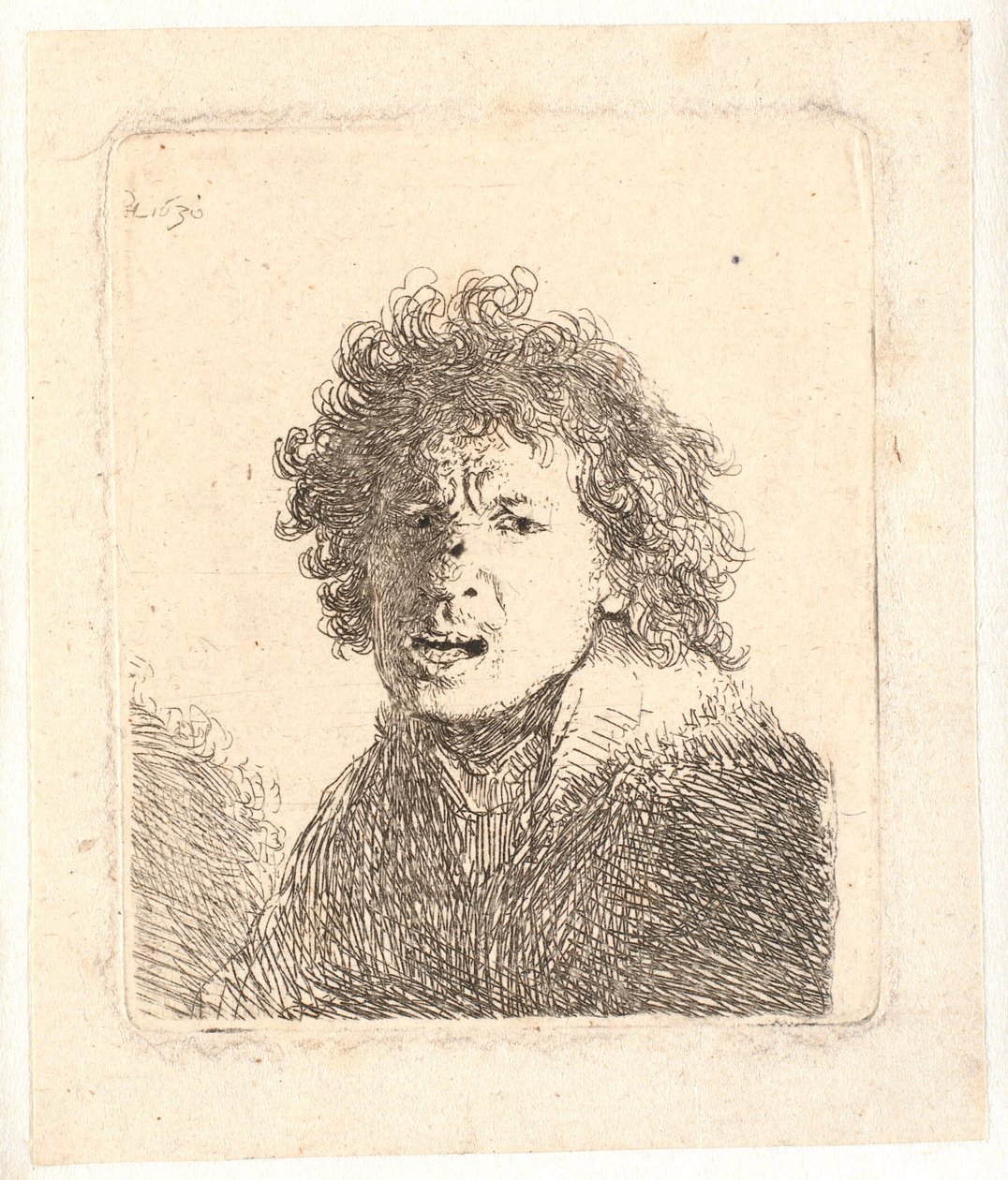 Rembrandt csupasz fejjel és tátott szájjal, mintha azt kiáltná: mellszobor alkotó: Rembrandt van Rijn