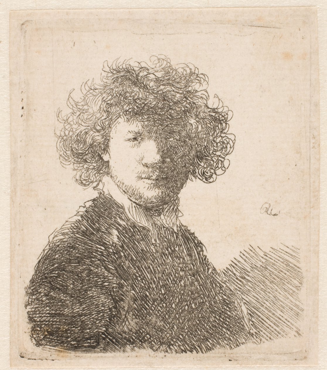 Rembrandt fedetlen fejjel, sűrű, göndör hajjal és kis fehér gallérral: mellszobor alkotó: Rembrandt van Rijn