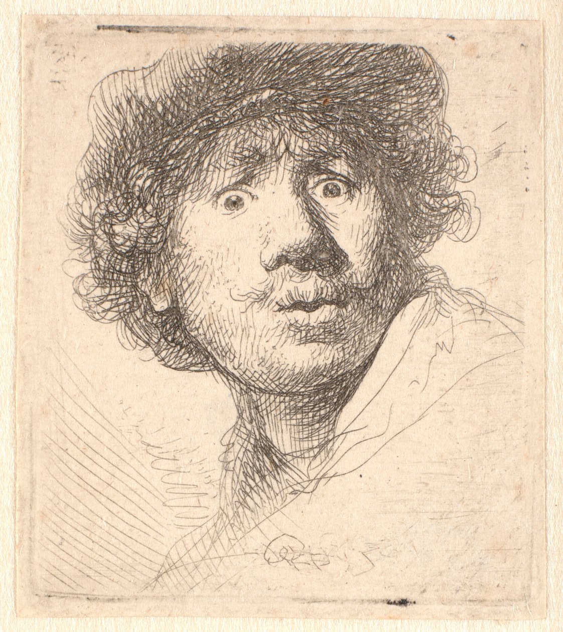 Rembrandt sapkában, tátott szájjal és bámulva: mellszobor a körvonalakban alkotó: Rembrandt van Rijn