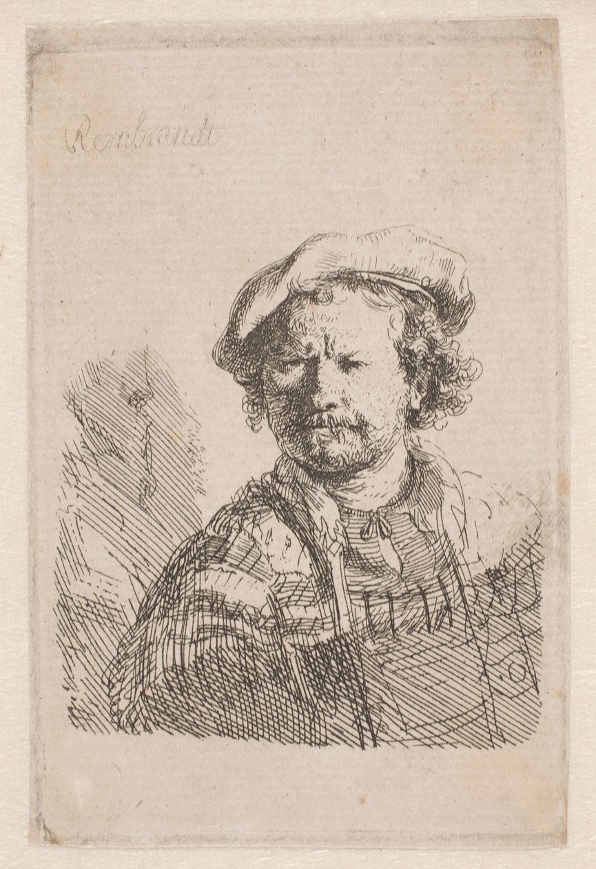 Rembrandt lapos sapkában, vállán kendővel alkotó: Rembrandt van Rijn