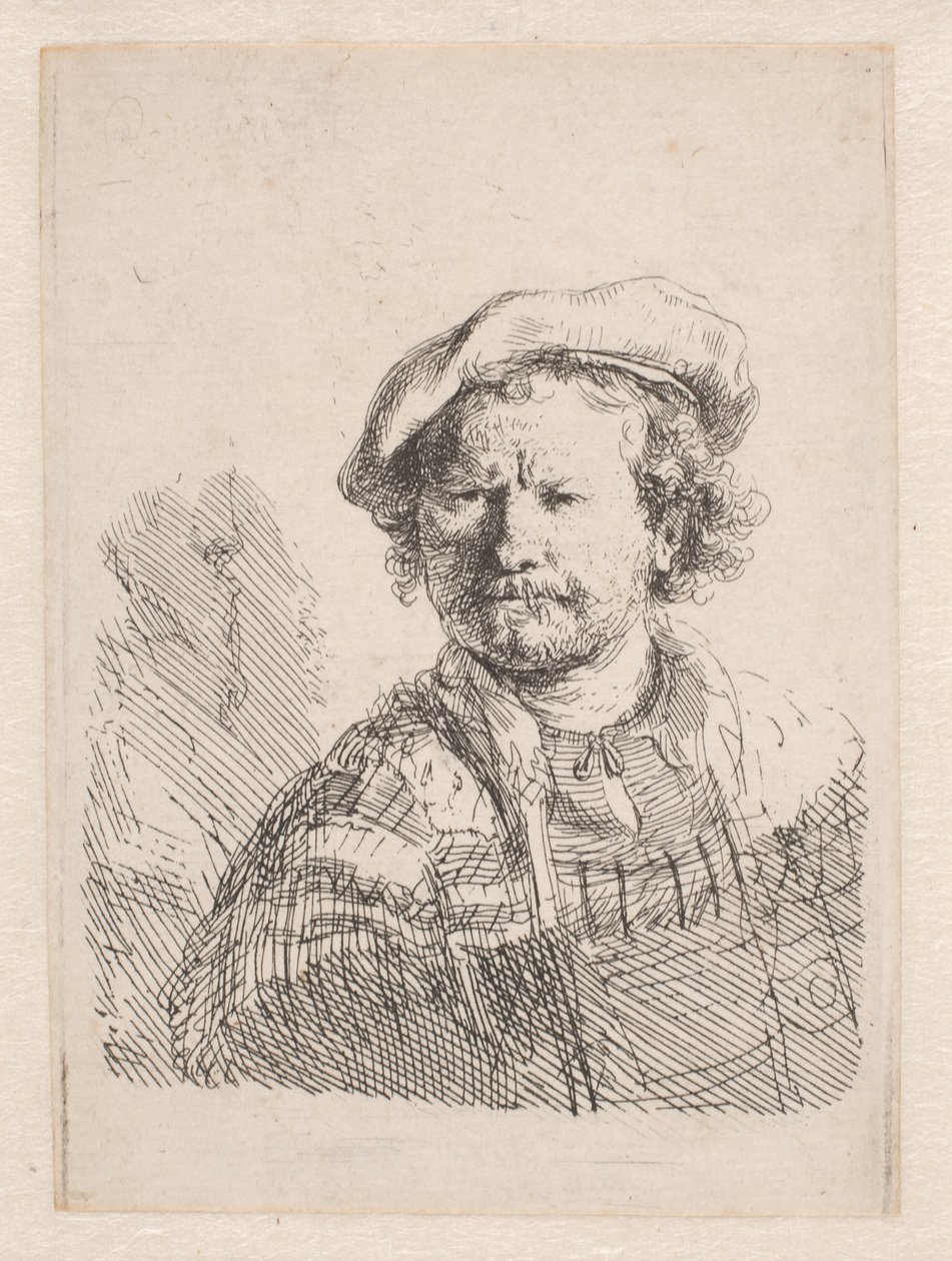Rembrandt lapos sapkában, vállán kendővel alkotó: Rembrandt van Rijn