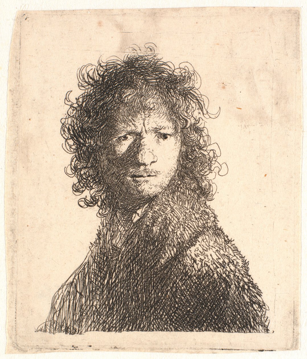 Rembrandt fejjel, éles fényben jobbról: a válla fölött néz: mellszobor alkotó: Rembrandt van Rijn