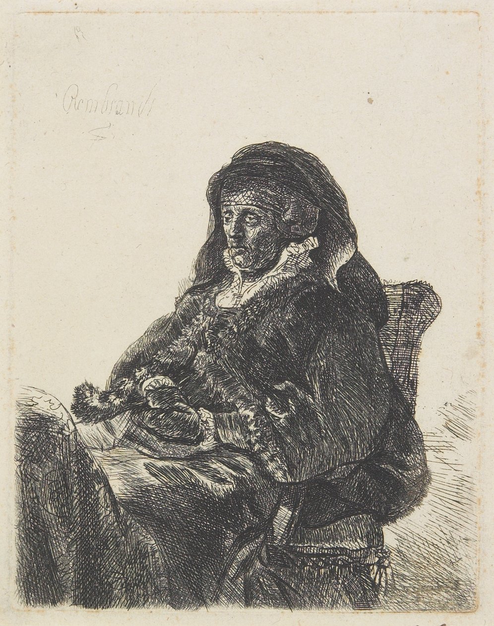 Rembrandt Anyja özvegyi ruhában és fekete kesztyűben, 1632-35 körül alkotó: Rembrandt van Rijn