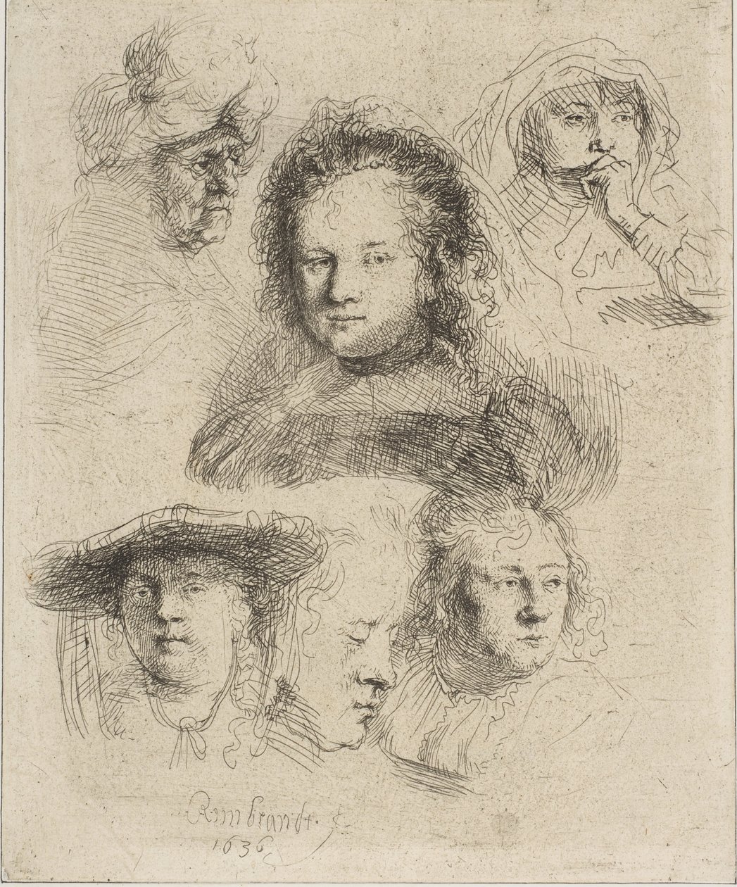 Rembrandt felesége és öt másik fej, 1636. alkotó: Rembrandt van Rijn