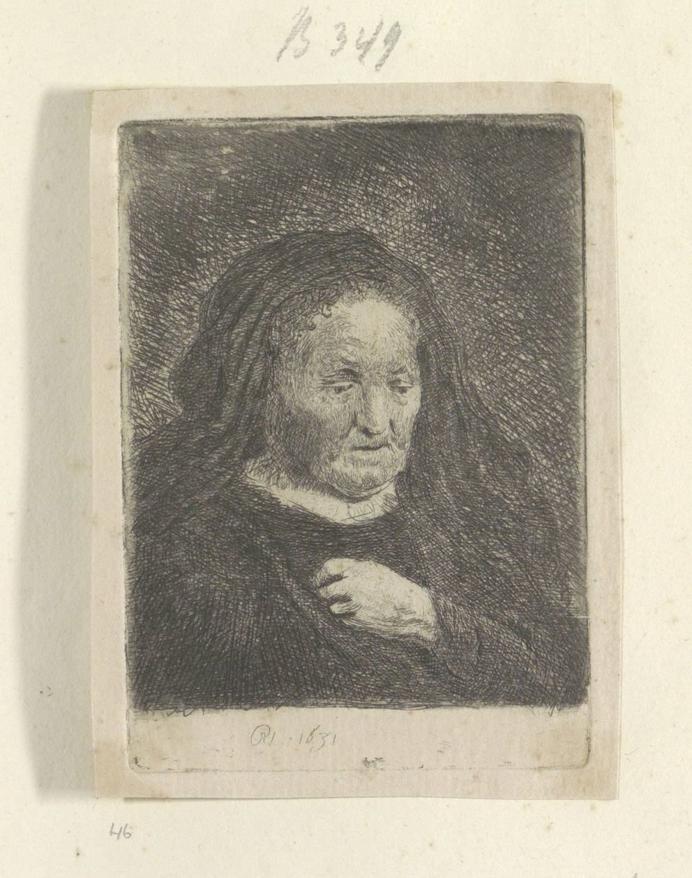 Rembrandt anyja a kezét a mellén: kis mellszobor Recueil de quatre-vingt-cinq estampes originales (sorozat címe) alkotó: Rembrandt van Rijn