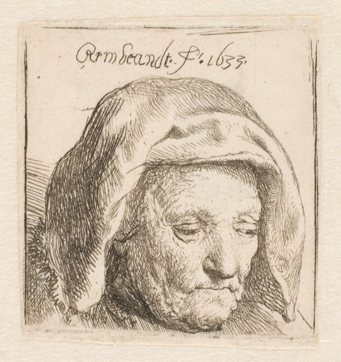Rembrandt édesanyja, kendőből készült fejdíszben, lefelé tekintve: csak a fej látható alkotó: Rembrandt van Rijn