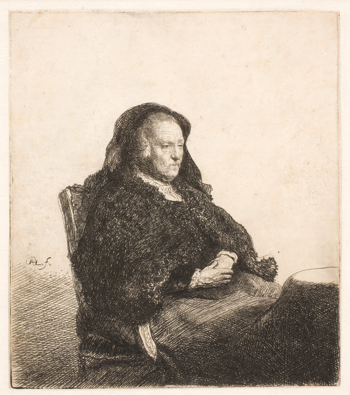 Rembrandt édesanyja, aki az asztalnál ül és jobbra néz: háromnegyed alakos ábrázolás alkotó: Rembrandt van Rijn