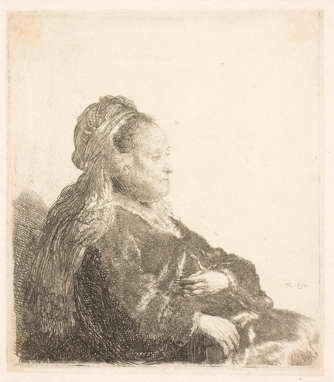 Rembrandt anyja jobbra fordulva ül, keleti fejdíszben: félhosszú, mutogató kezek alkotó: Rembrandt van Rijn