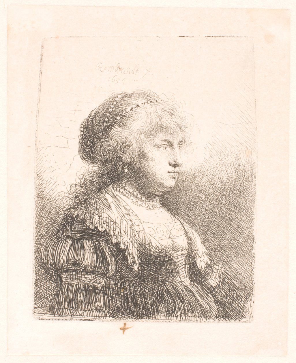 Rembrandt felesége, Saskia, gyöngyökkel a hajában, mellszobor alkotó: Rembrandt van Rijn