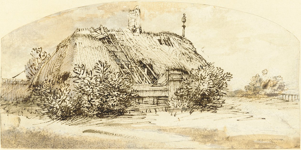 Romos, bokrokkal benőtt nádfedeles házikó alkotó: Rembrandt van Rijn