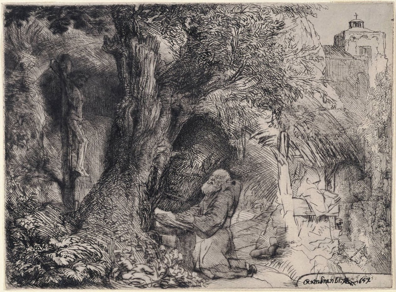 Szent Ferenc imádkozik egy fa alatt alkotó: Rembrandt van Rijn
