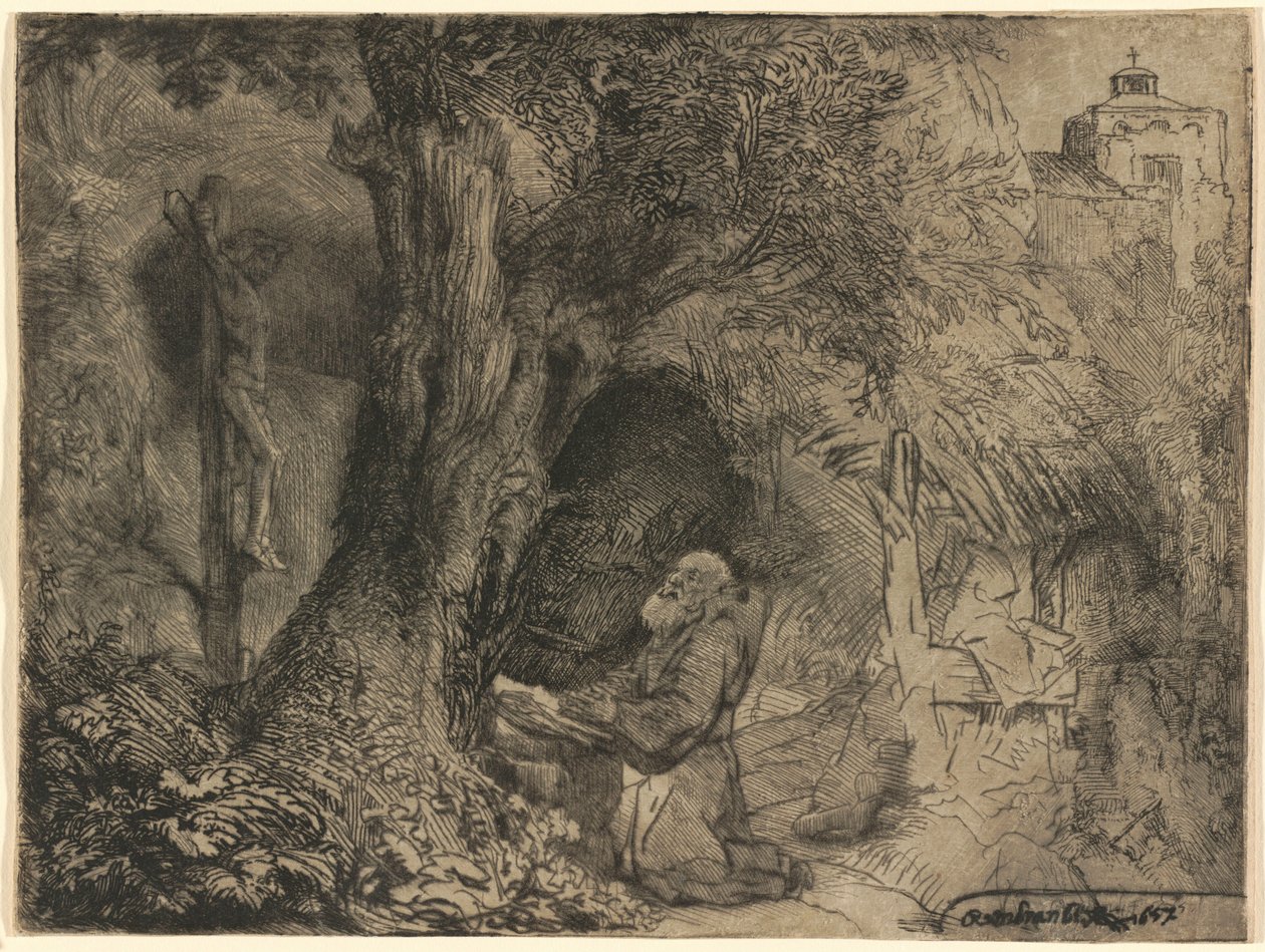 Imádkozó Szent Ferenc egy fa alatt alkotó: Rembrandt van Rijn