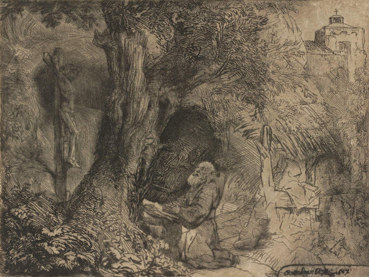 Szent Ferenc a fa alatt imádkozik, 1657. alkotó: Rembrandt van Rijn