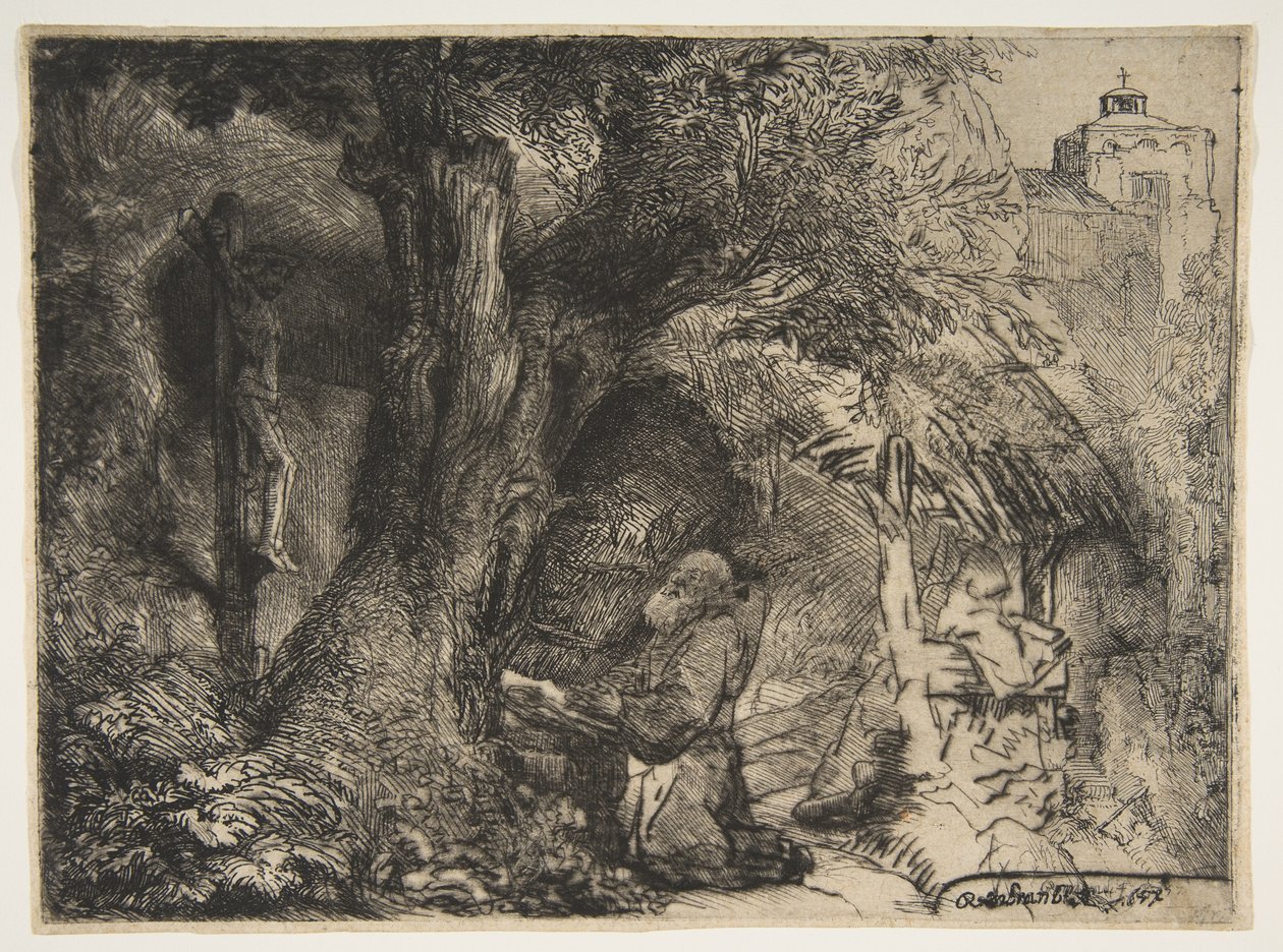 Szent Ferenc a fa alatt, imádkozik, 1657. alkotó: Rembrandt van Rijn