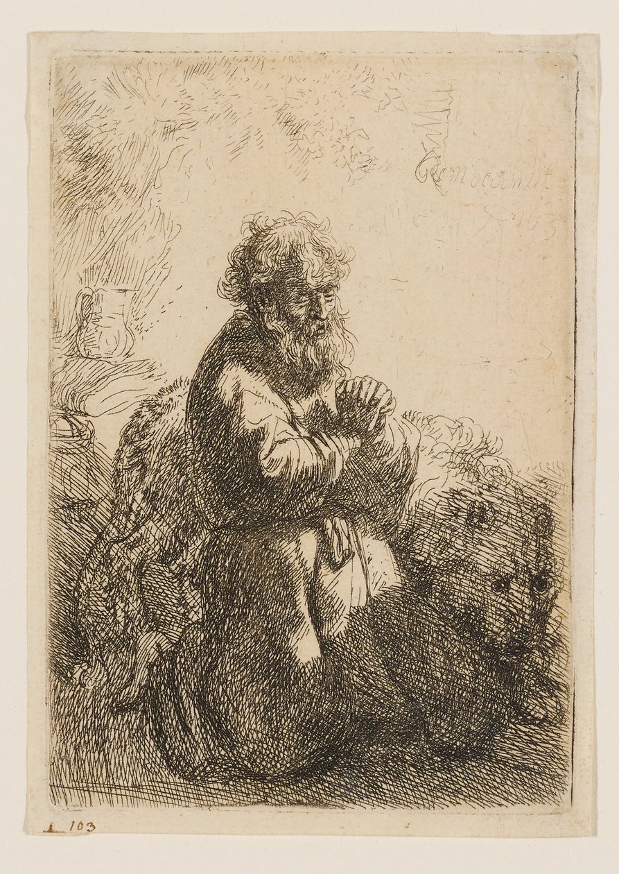 Imádkozó, lefelé tekintő Szent Jeromos térdelve alkotó: Rembrandt van Rijn