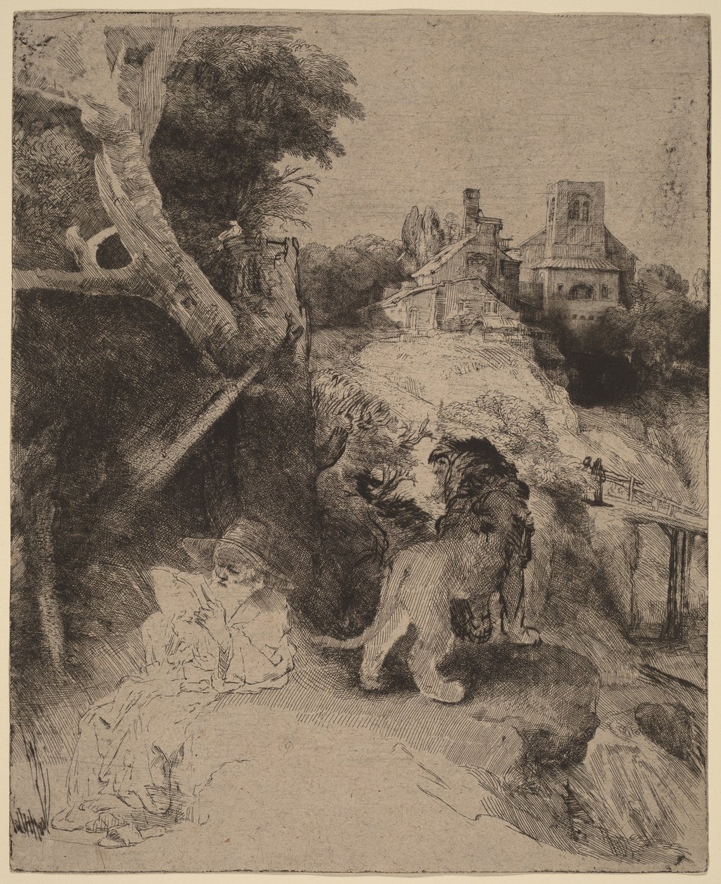 Olvasó Szent Jeromos egy olasz tájképben alkotó: Rembrandt van Rijn