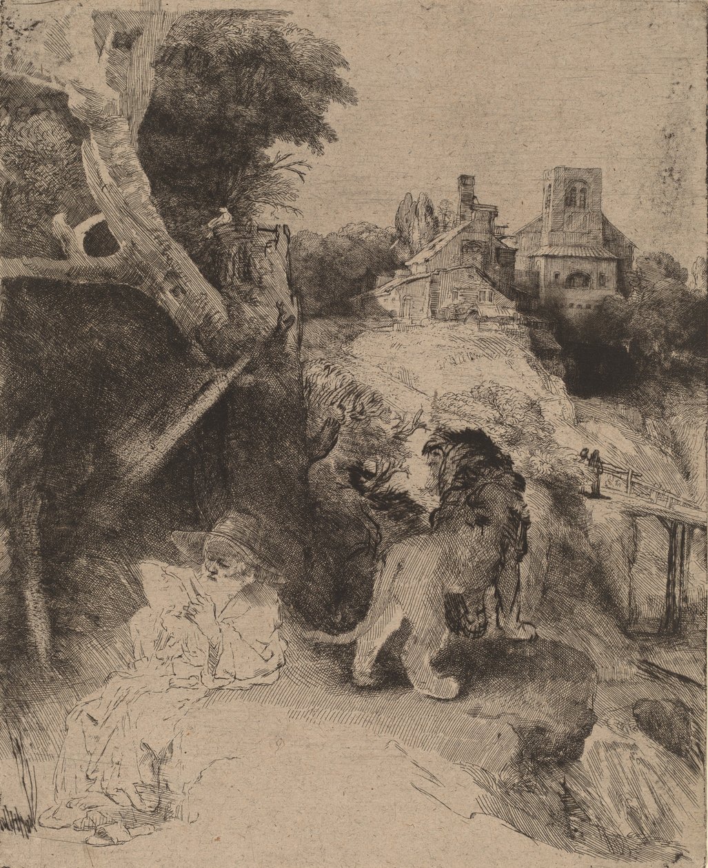 Szent Jeromos Olvasó olasz tájon, c. 1653. alkotó: Rembrandt van Rijn