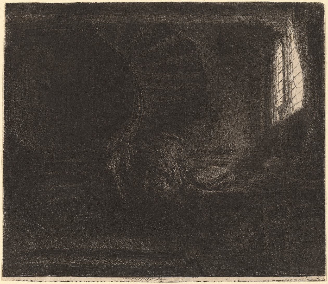 Szent Jeromos egy sötét kamrában alkotó: Rembrandt van Rijn