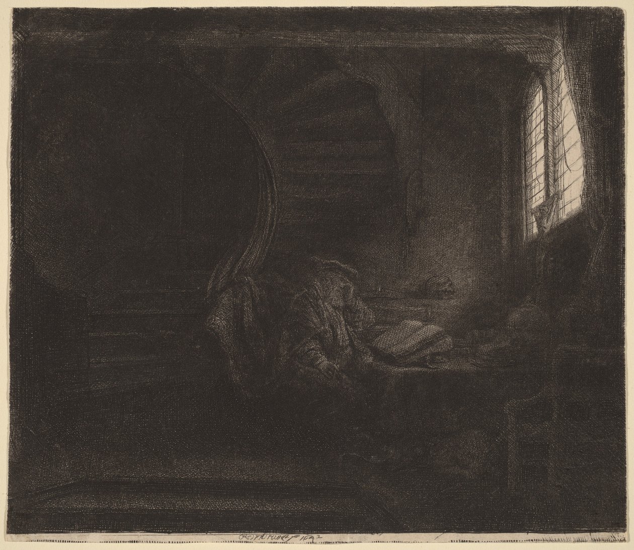 Szent Jeromos egy sötét szobában alkotó: Rembrandt van Rijn