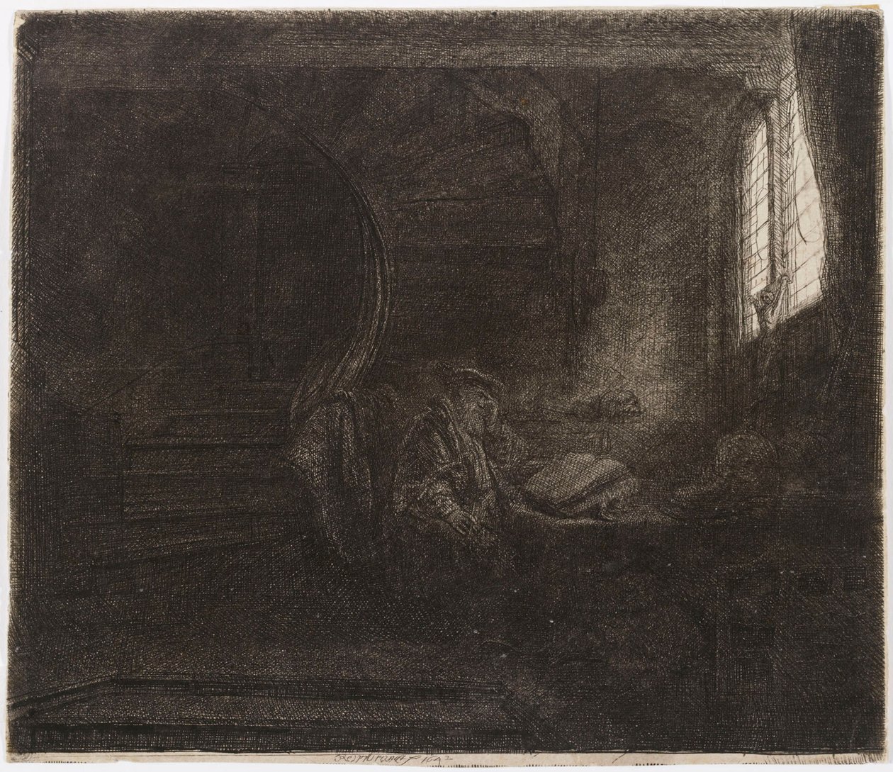 Szent Jeromos egy sötét szobában alkotó: Rembrandt van Rijn