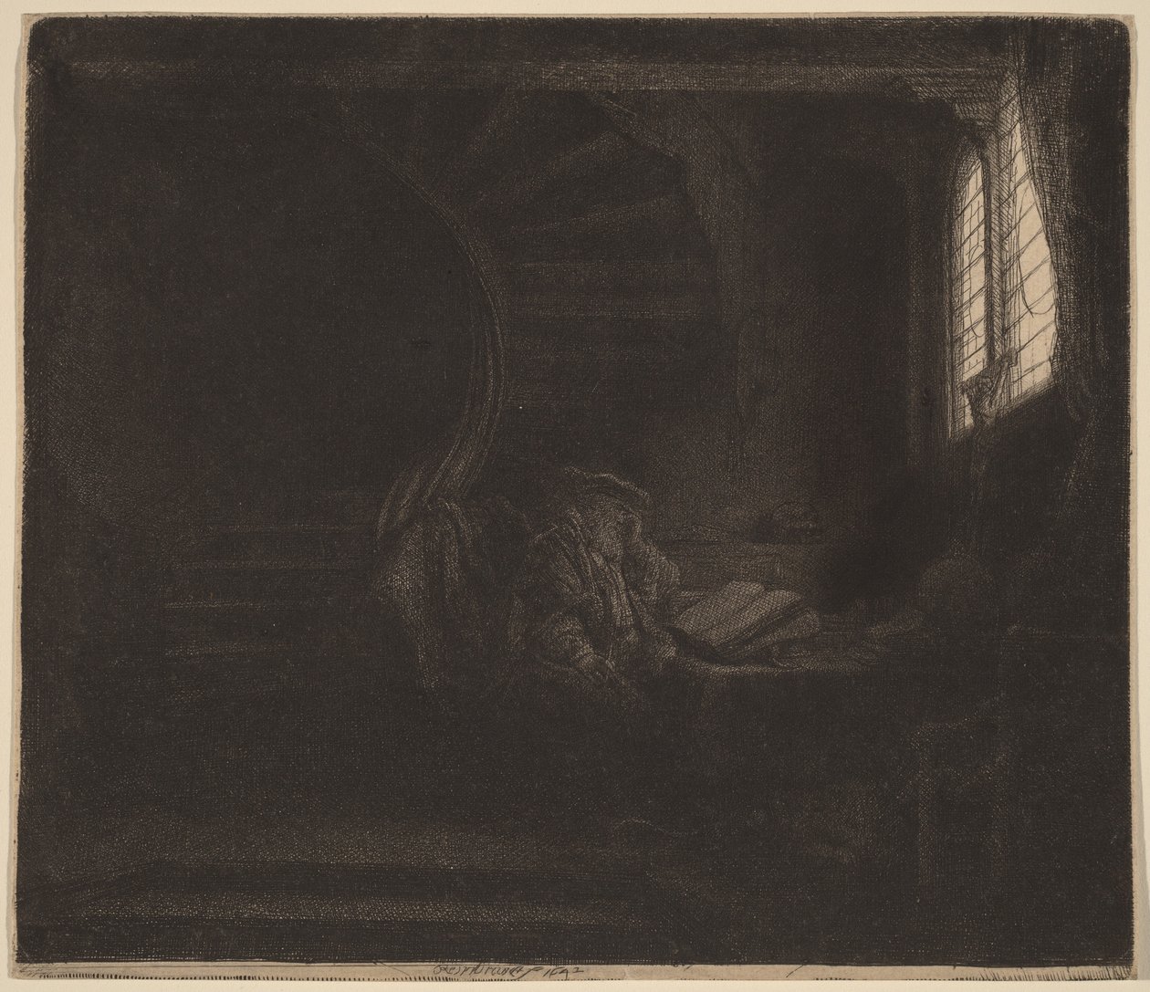 Szent Jeromos egy sötét szobában alkotó: Rembrandt van Rijn