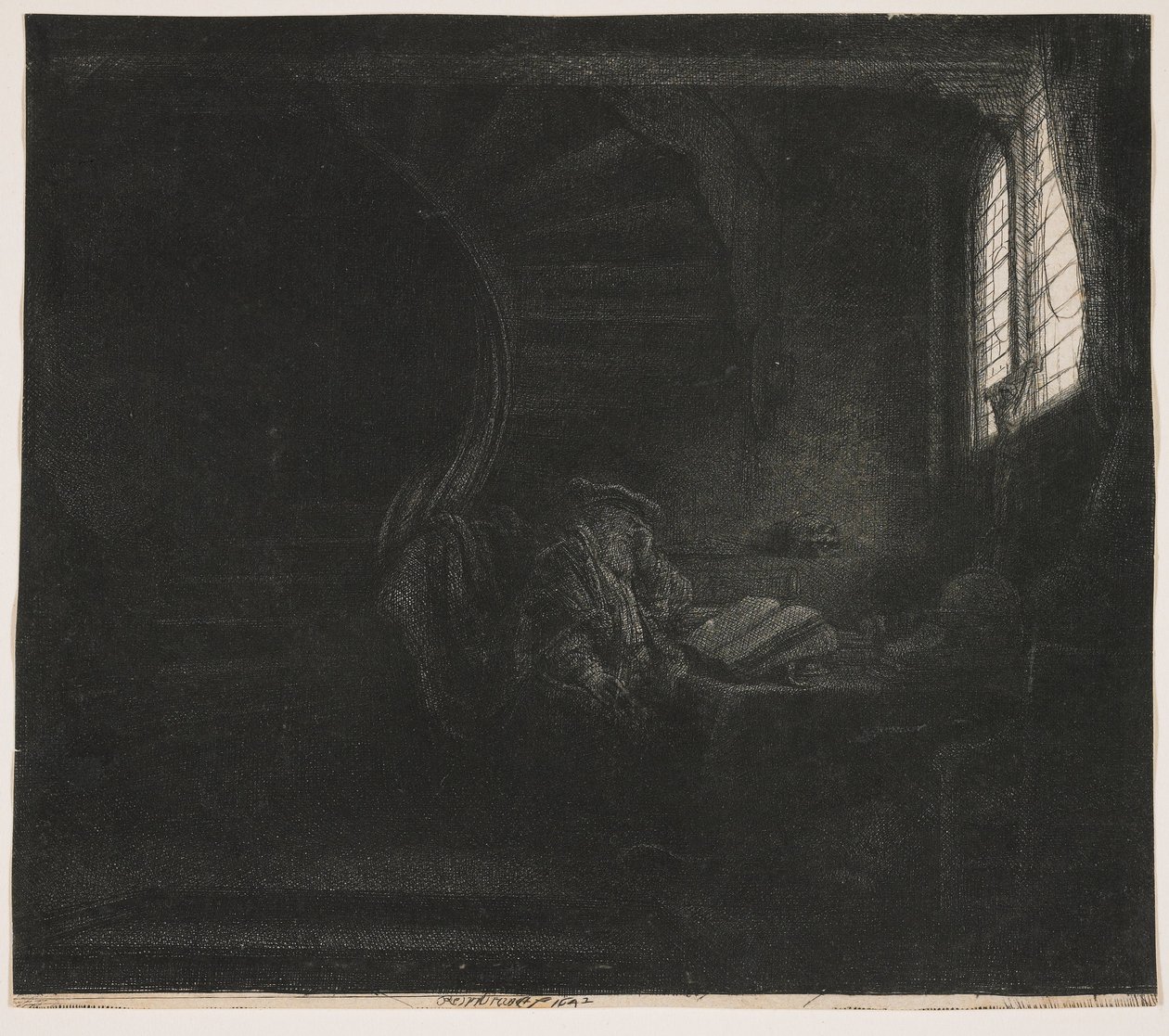 Szent Jeromos egy sötét szobában alkotó: Rembrandt van Rijn