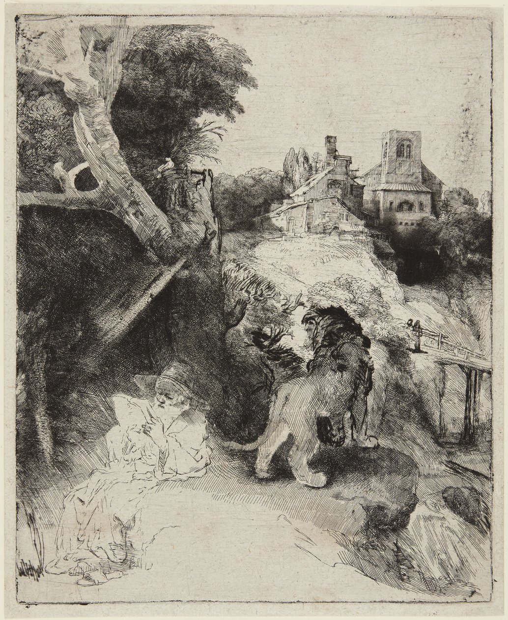 Szent Jeromos olasz tájképben alkotó: Rembrandt van Rijn