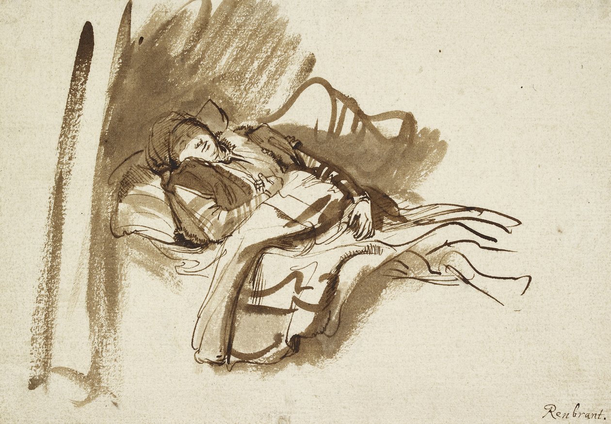Saskia az ágyban alszik (toll és barna tinta) alkotó: Rembrandt van Rijn