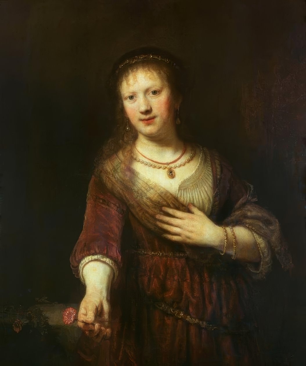 Saskia a piros virággal alkotó: Rembrandt van Rijn