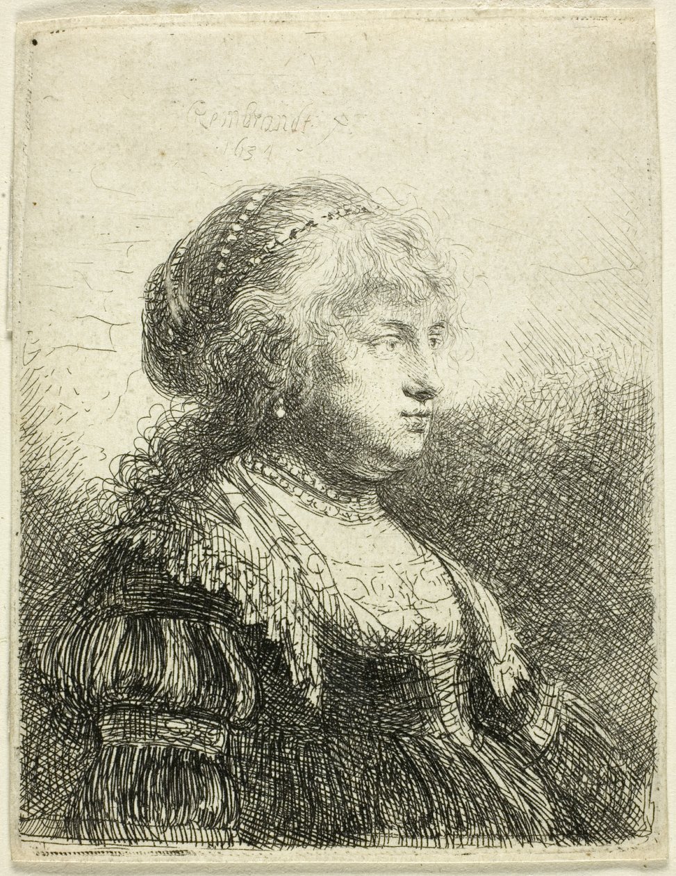 Saskia gyöngyökkel a hajában alkotó: Rembrandt van Rijn