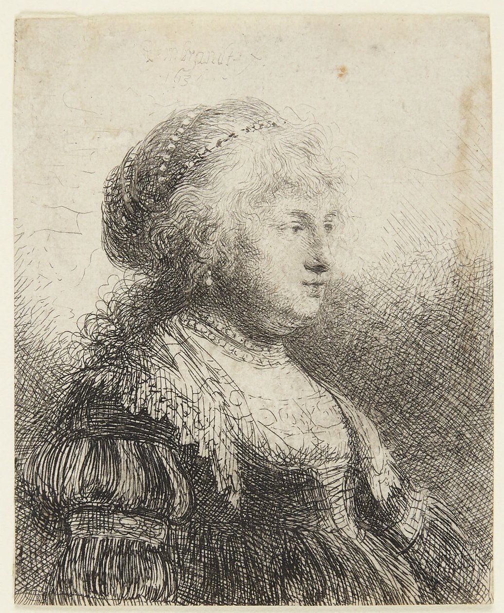 Saskia gyöngyökkel a hajában alkotó: Rembrandt van Rijn