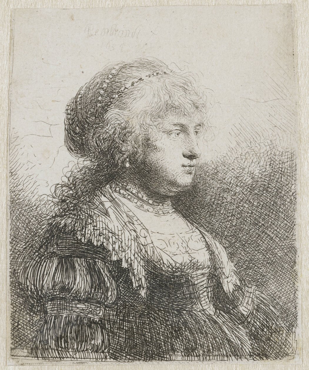Saskia gyöngyökkel a hajában alkotó: Rembrandt van Rijn