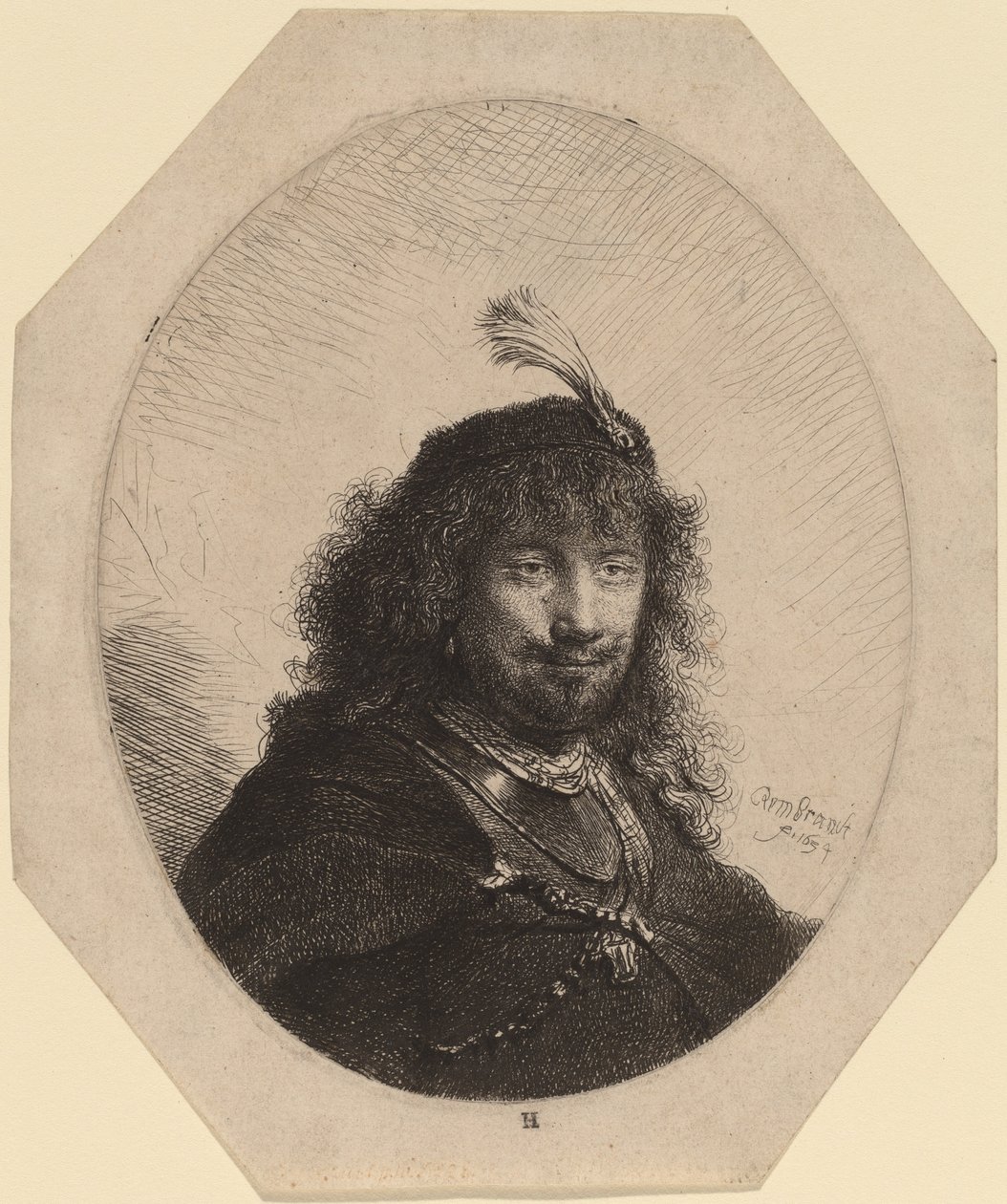 Önarckép (?) tollas sapkával és leeresztett szablyával alkotó: Rembrandt van Rijn