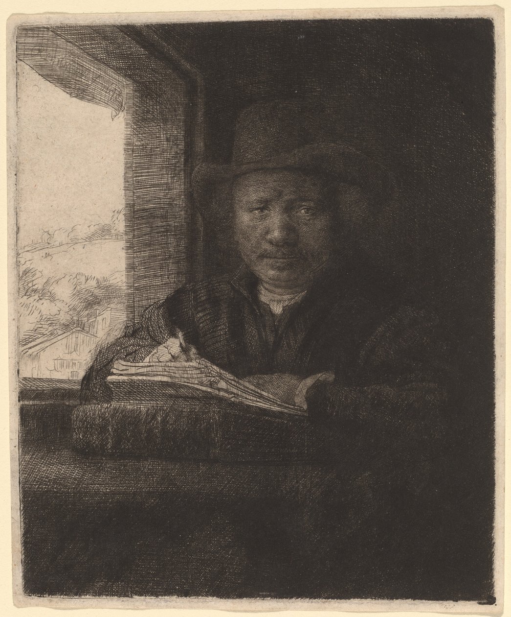 Önarckép rajz ablakban alkotó: Rembrandt van Rijn