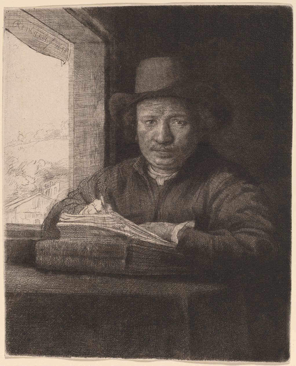 Önarckép rajz ablakban alkotó: Rembrandt van Rijn