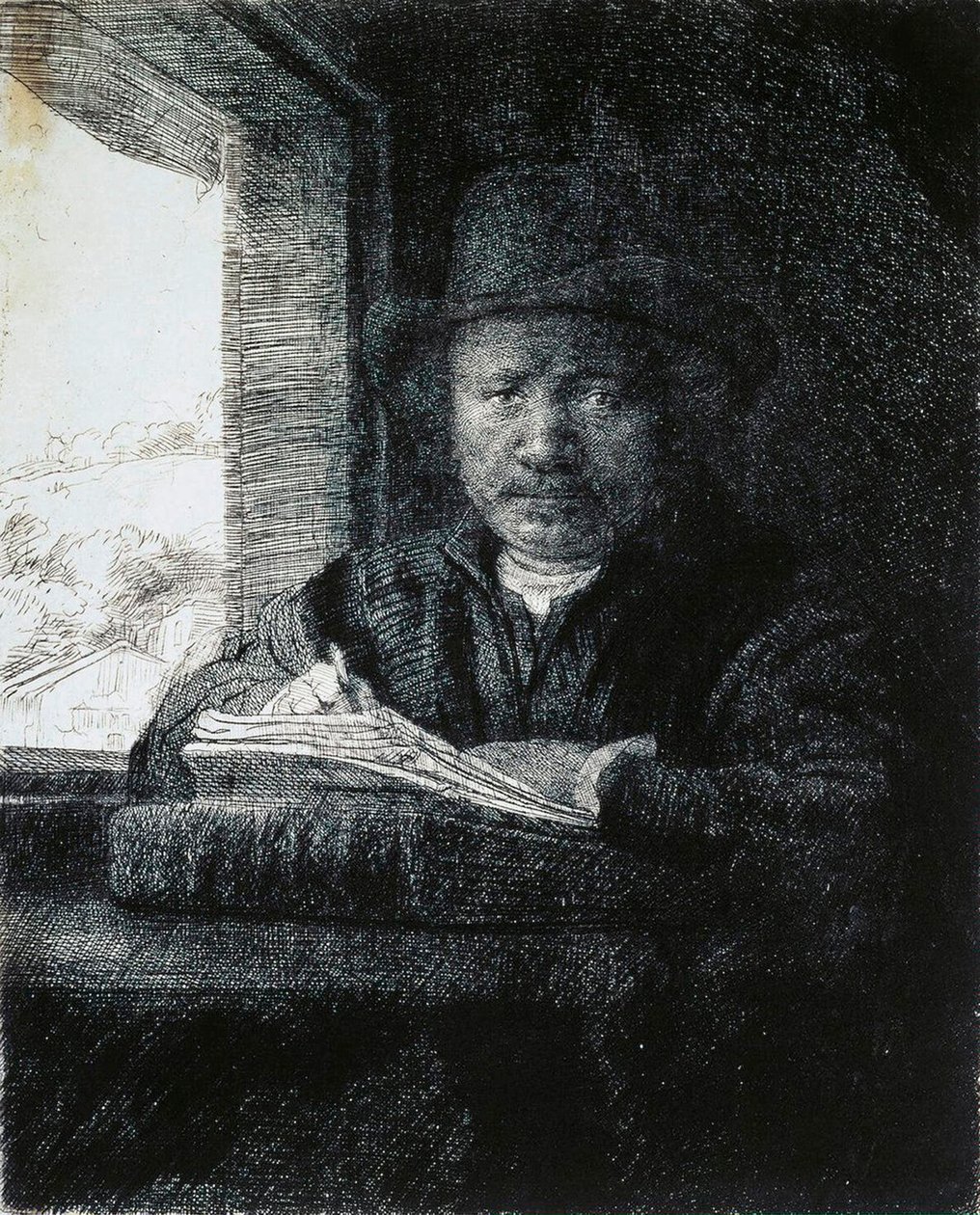 Önarckép rajz ablak mellett, 1648. alkotó: Rembrandt van Rijn