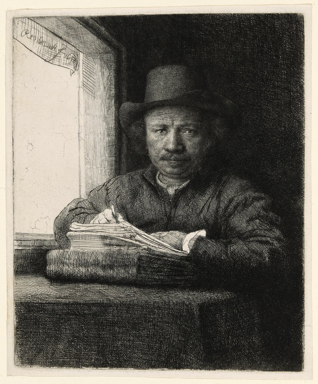 Önarckép rézkarc az ablakon alkotó: Rembrandt van Rijn