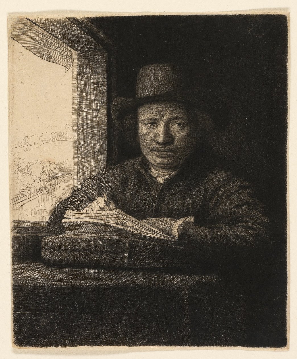 Önarckép rézkarc az ablakon alkotó: Rembrandt van Rijn