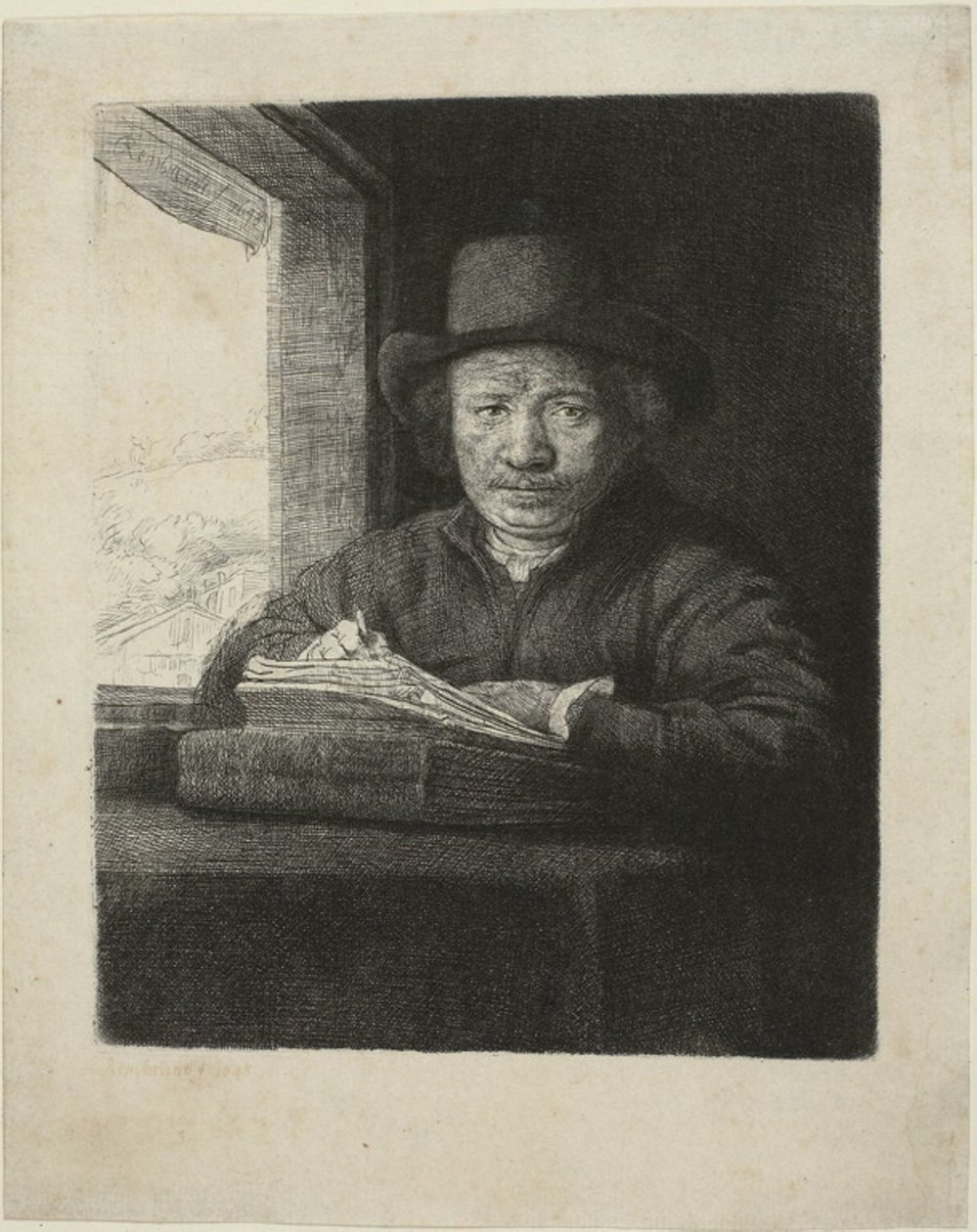 Önarckép rézkarc az ablakon alkotó: Rembrandt van Rijn