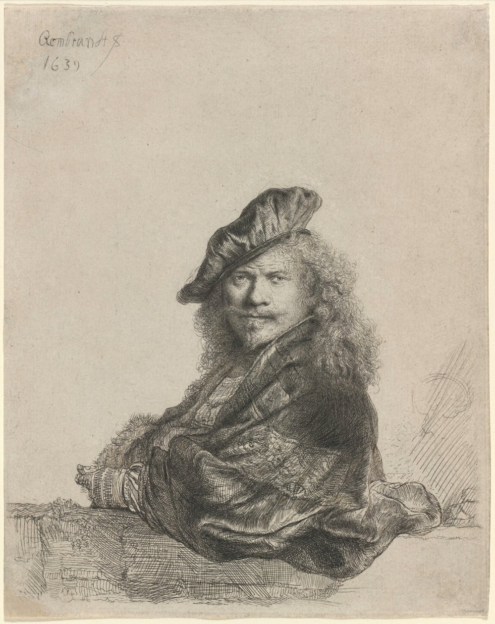 Önarckép, miközben egy kőpárkányra támaszkodik alkotó: Rembrandt van Rijn