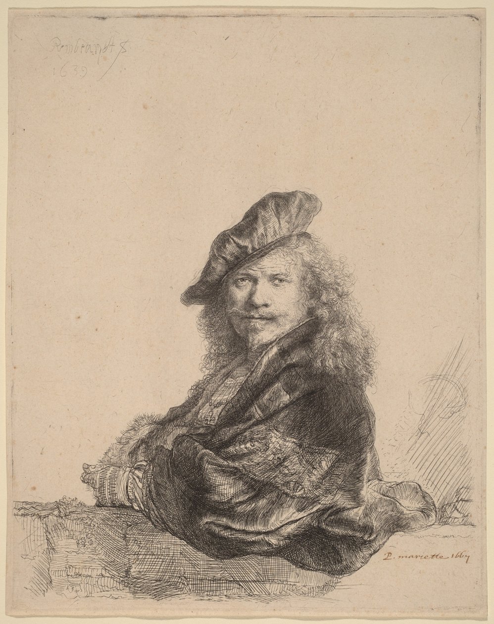 Önarckép, miközben egy kőpárkányra támaszkodik alkotó: Rembrandt van Rijn