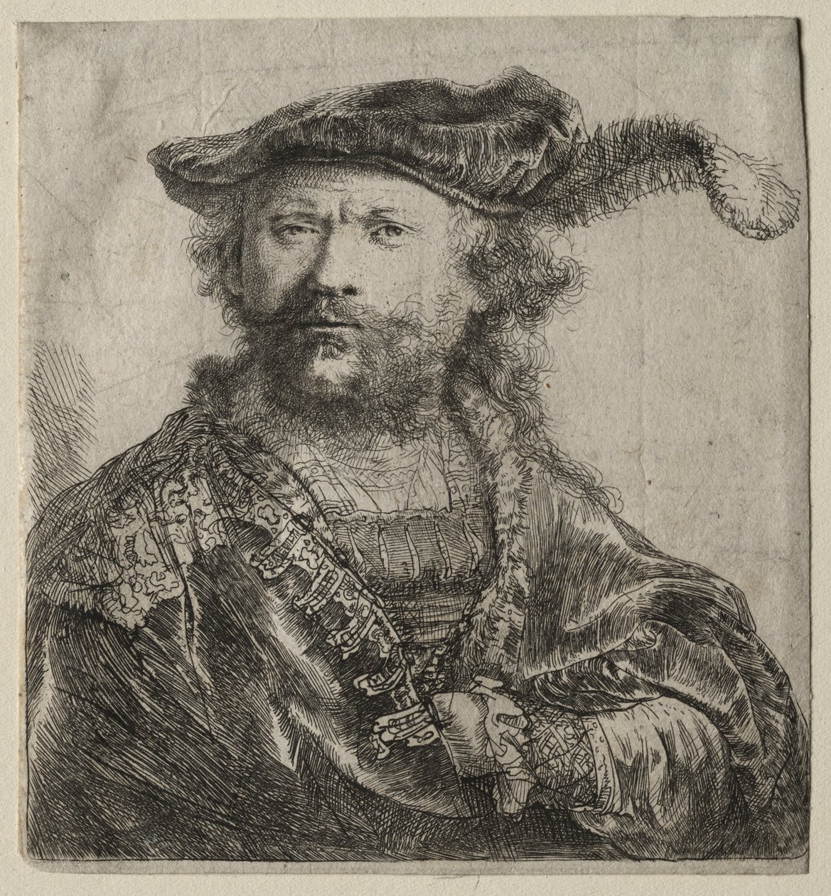 Önarckép bársonysapkában, tollal alkotó: Rembrandt van Rijn