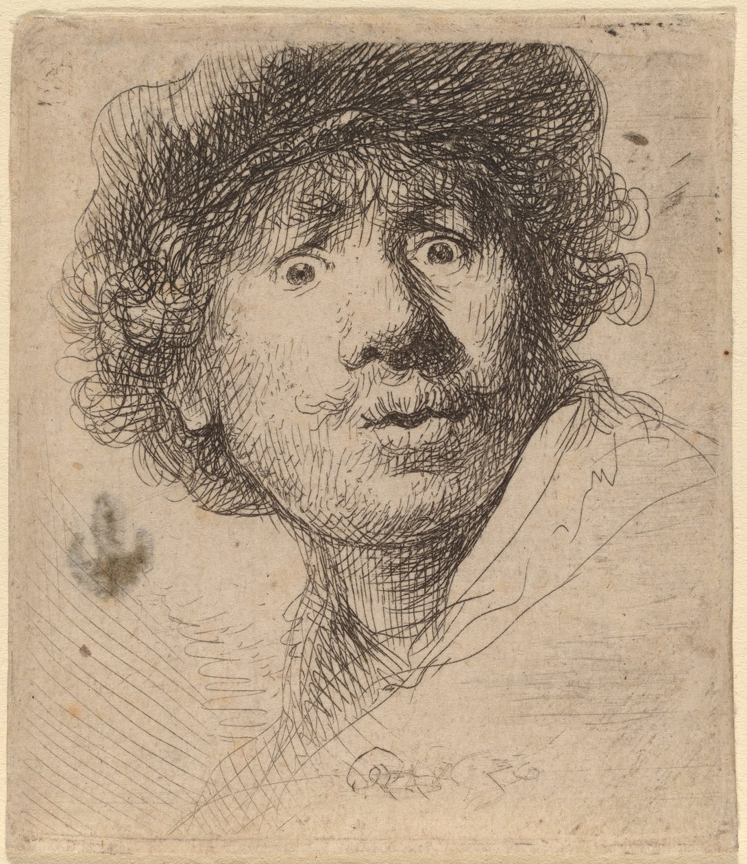 Önarckép sapkában, tátott szájjal alkotó: Rembrandt van Rijn