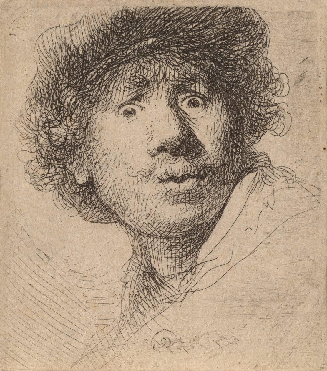 Önarckép sapkában, tátott szájjal, 1630. alkotó: Rembrandt van Rijn
