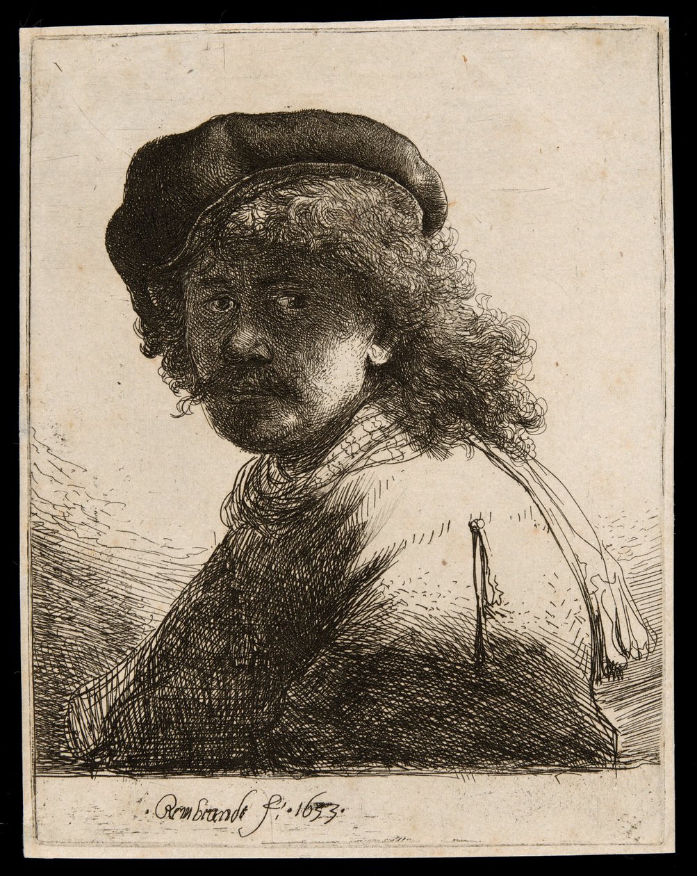 Önarckép sapkában és sállal sötét arccal: mell alkotó: Rembrandt van Rijn