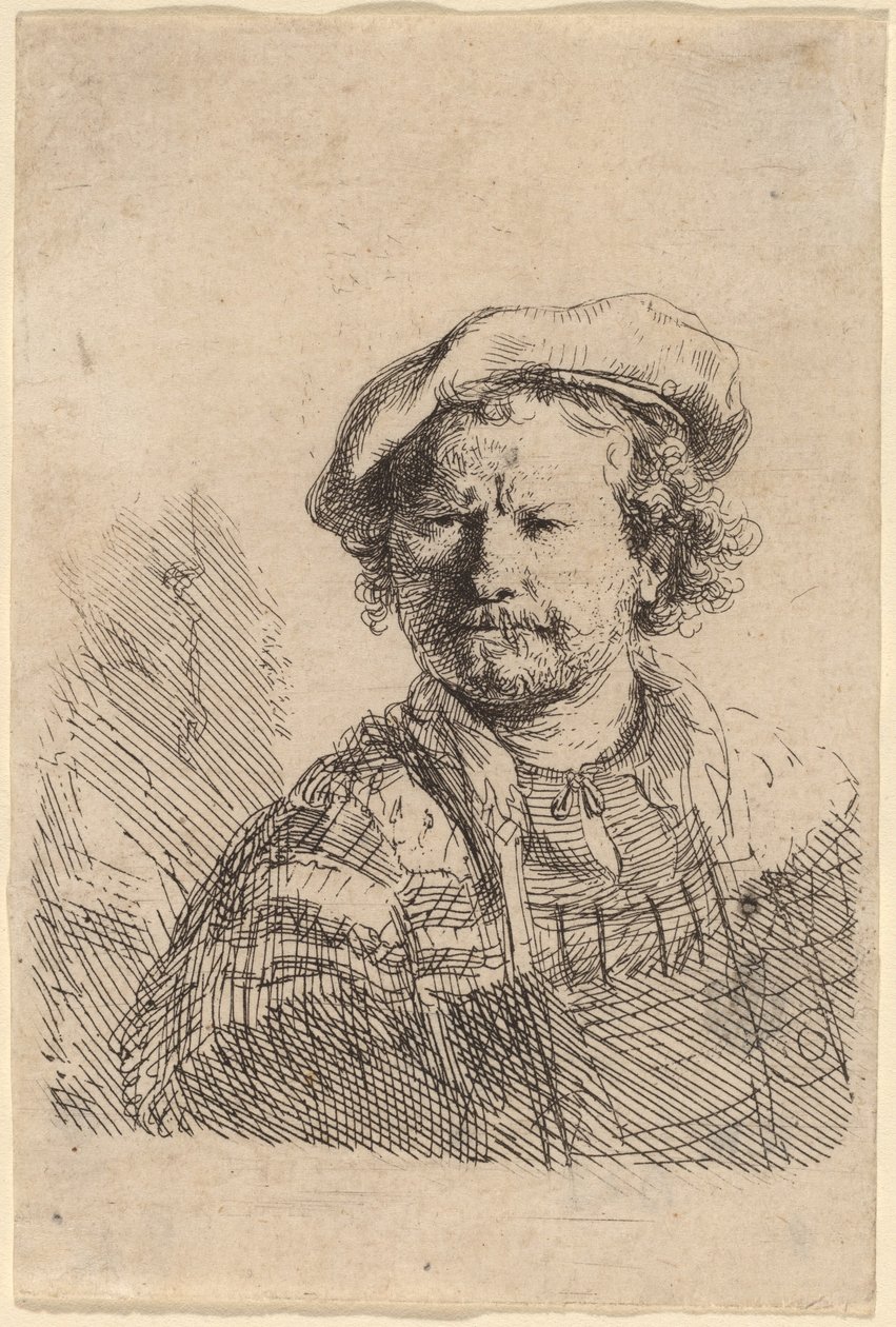 Önarckép lapos sapkában és hímzett ruhában alkotó: Rembrandt van Rijn