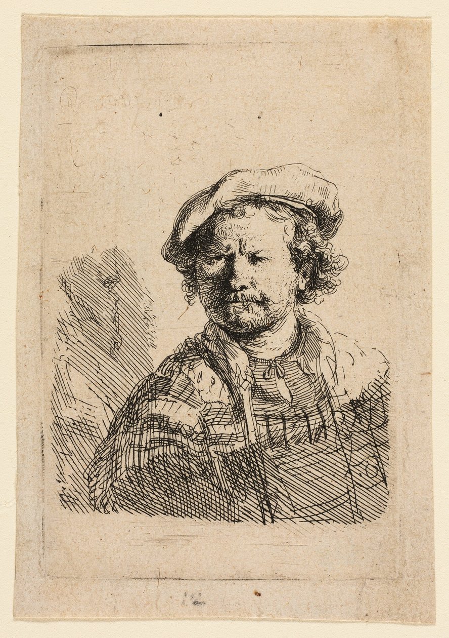 Önarckép lapos sapkában és hímzett ruhában alkotó: Rembrandt van Rijn