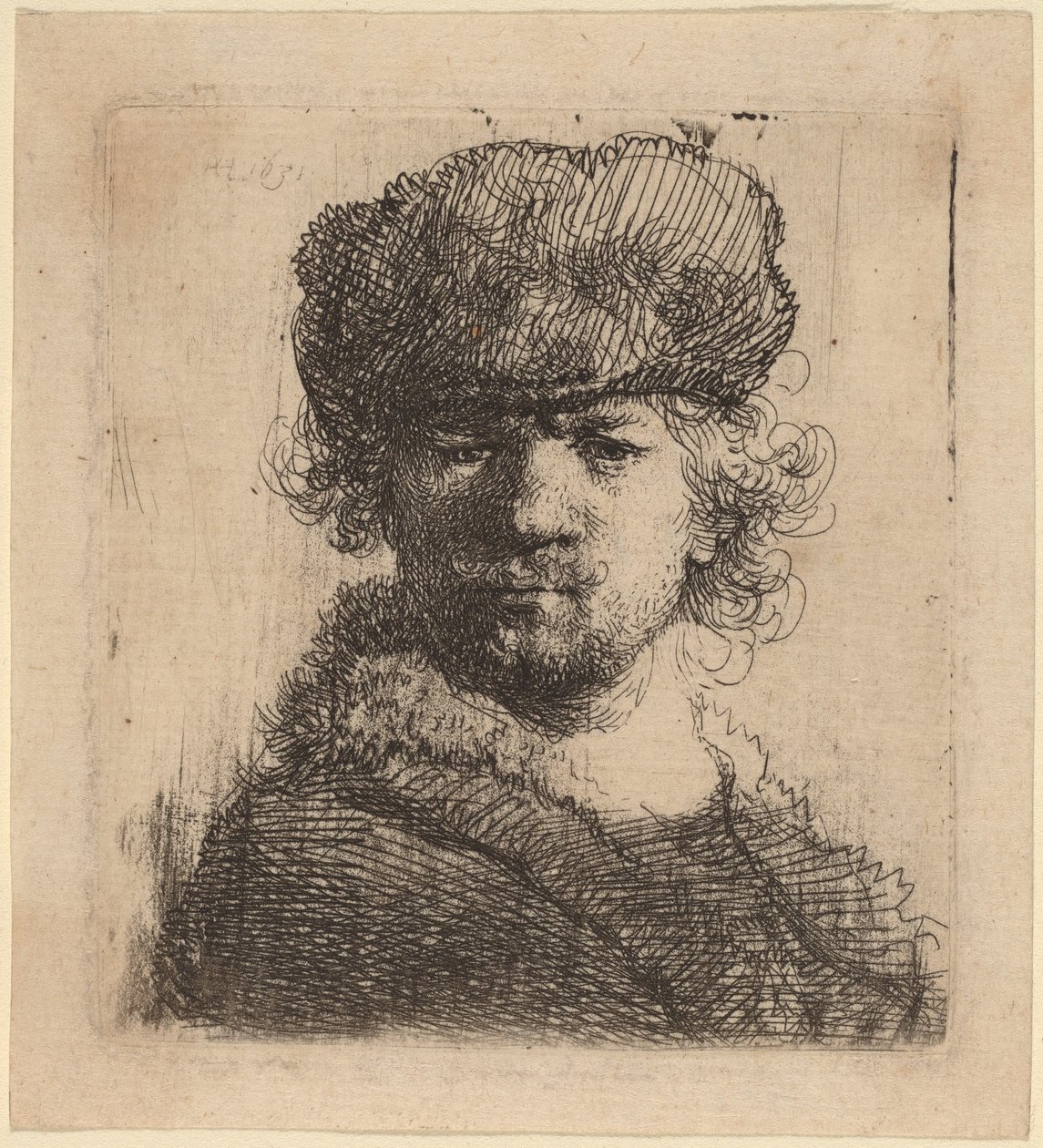 Önarckép erős szőrme sapkában alkotó: Rembrandt van Rijn