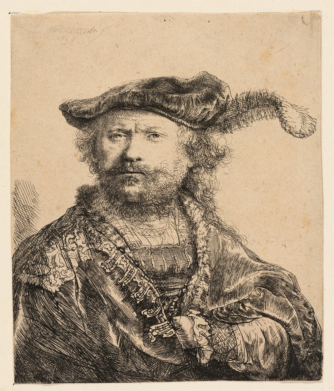 Önarckép bársony sapkában, tollakkal alkotó: Rembrandt van Rijn
